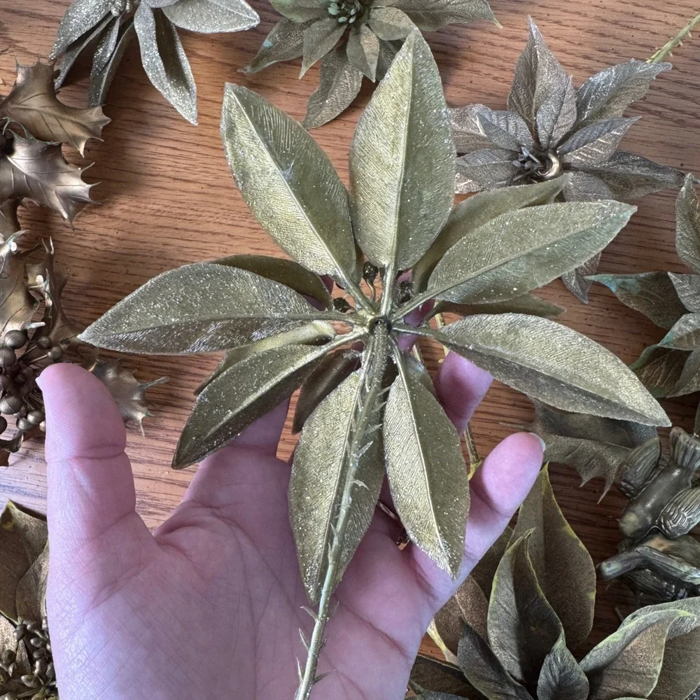 Vintage Metallic Gold‎ Artificial Poinsettia Holly Berry Picks Christmas Decor